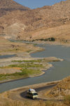 Zab River, Kurdistan, Iraq: Kurdish Landscape - bus on the road along the river - photo by J.Wreford